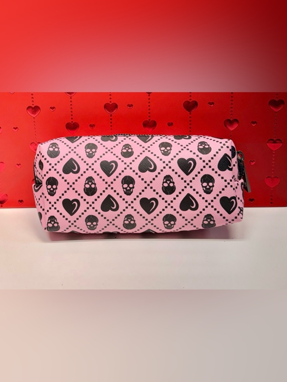 Pink Skull & Heart Patterned Makeup Bag/ Pencil Case